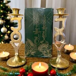 2 Vintage Holiday Brass Two Joy Candle Stick International Silver Co-New In Box